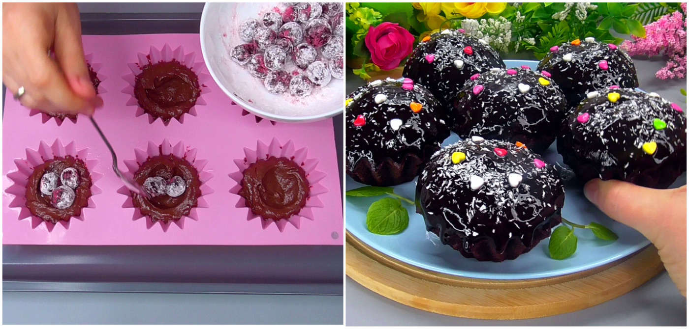 Ви здивуєтеся, як легко і швидко готуються ці кекси і якими смачними вони виходять – мега шоколадні кекси з вишенькою всередині