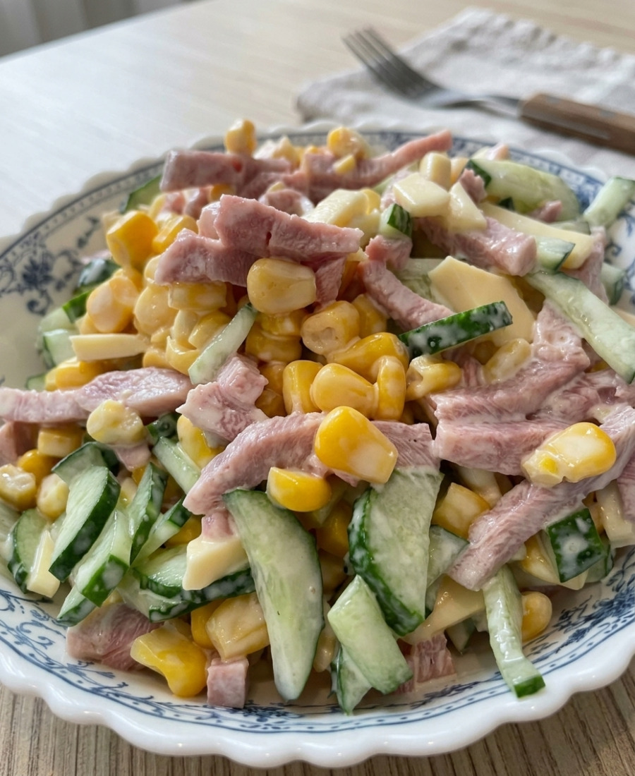 Простенький салат з шинкою кукурудзою і сиром: готую на швидку руку коли «гості на порозі»