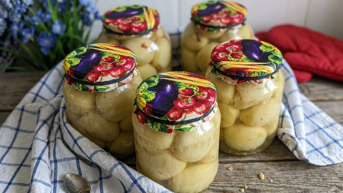 Банки з яблуками закриті кришками та накриті рушником на столі.
