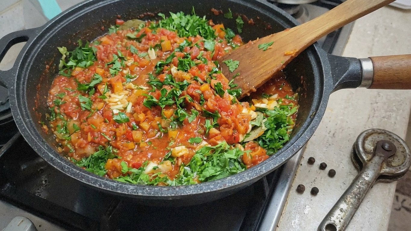 У сковороді на плиті готується томатна суміш з зеленню. Руками не видно, але помітно, як дерев'yною ложкою перемішують ingredients.