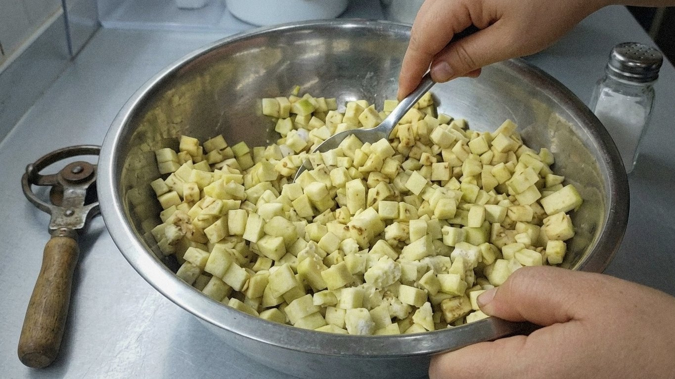 У металевій мисці нарізані кубиками овочі, руки тримають ложку і перемішують їх.