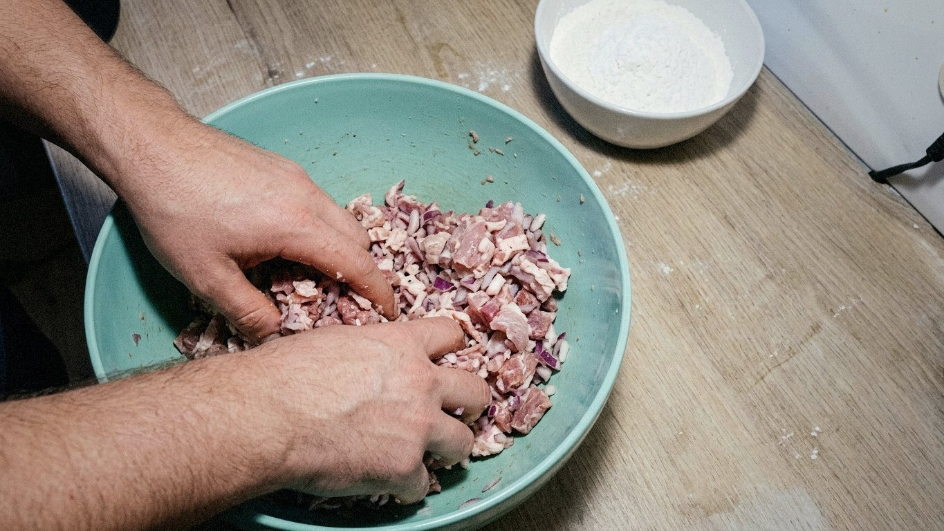 інгредієнти в мисці, руки перемішують їх, текстура м'ясної суміші