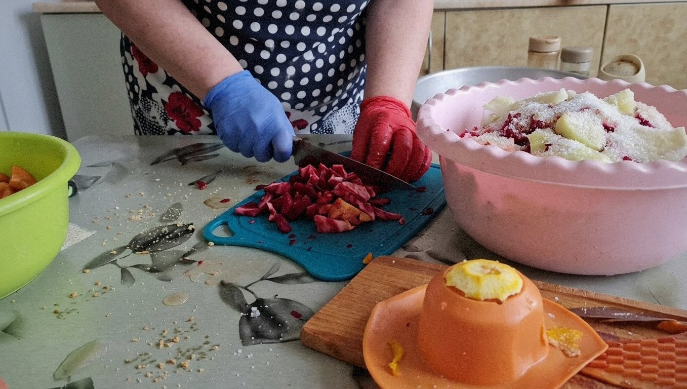 овочі в мисці, посипані цукром і сіллю, в руках ложка для перемішування