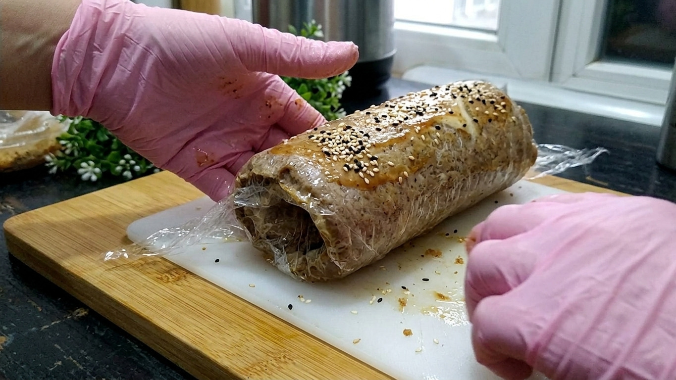 Готовий рулет змащується соусом і посипається кунжутом.