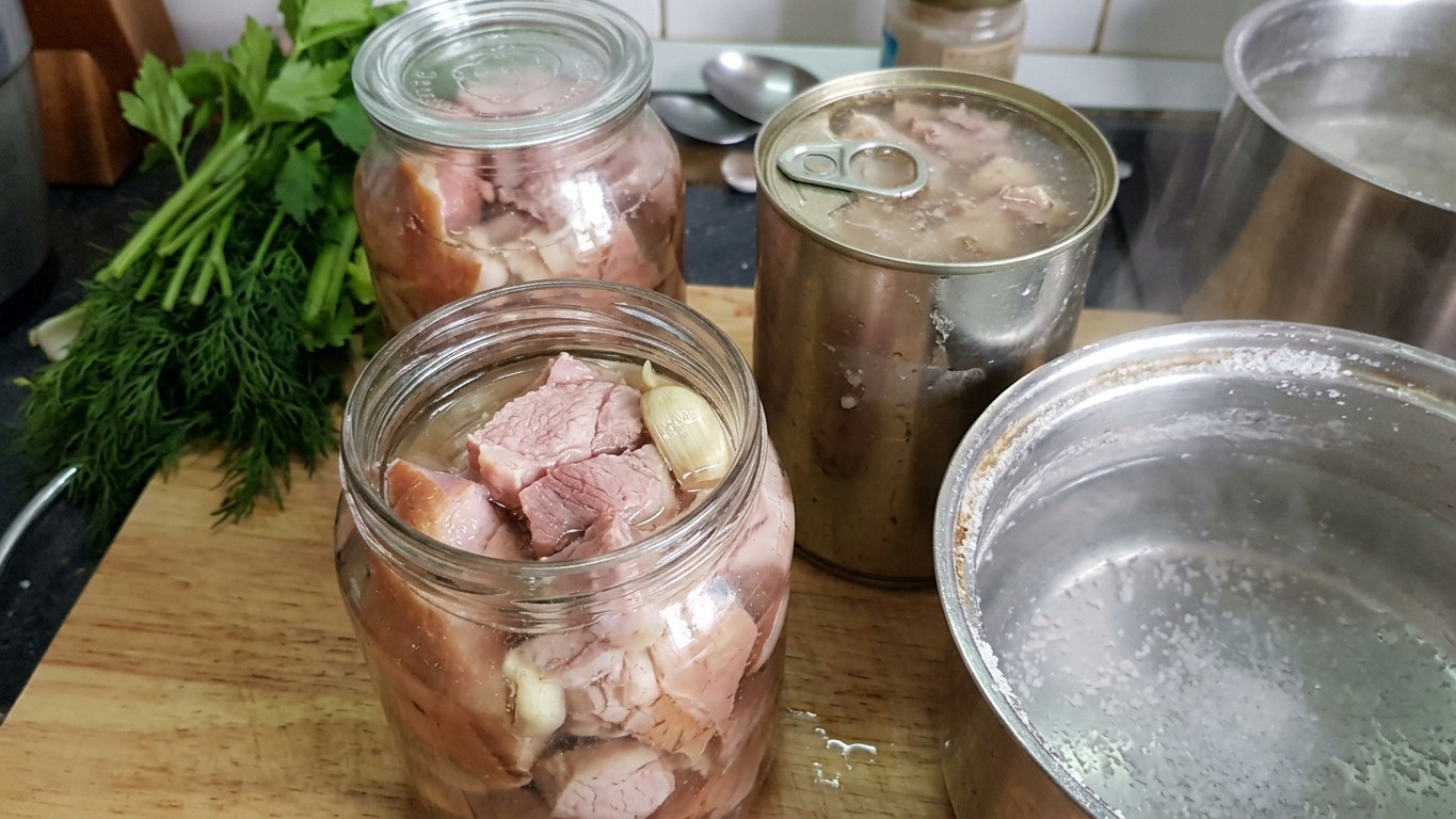 кастрюля з киплячою водою та сіллю, банку з залитим маринадом