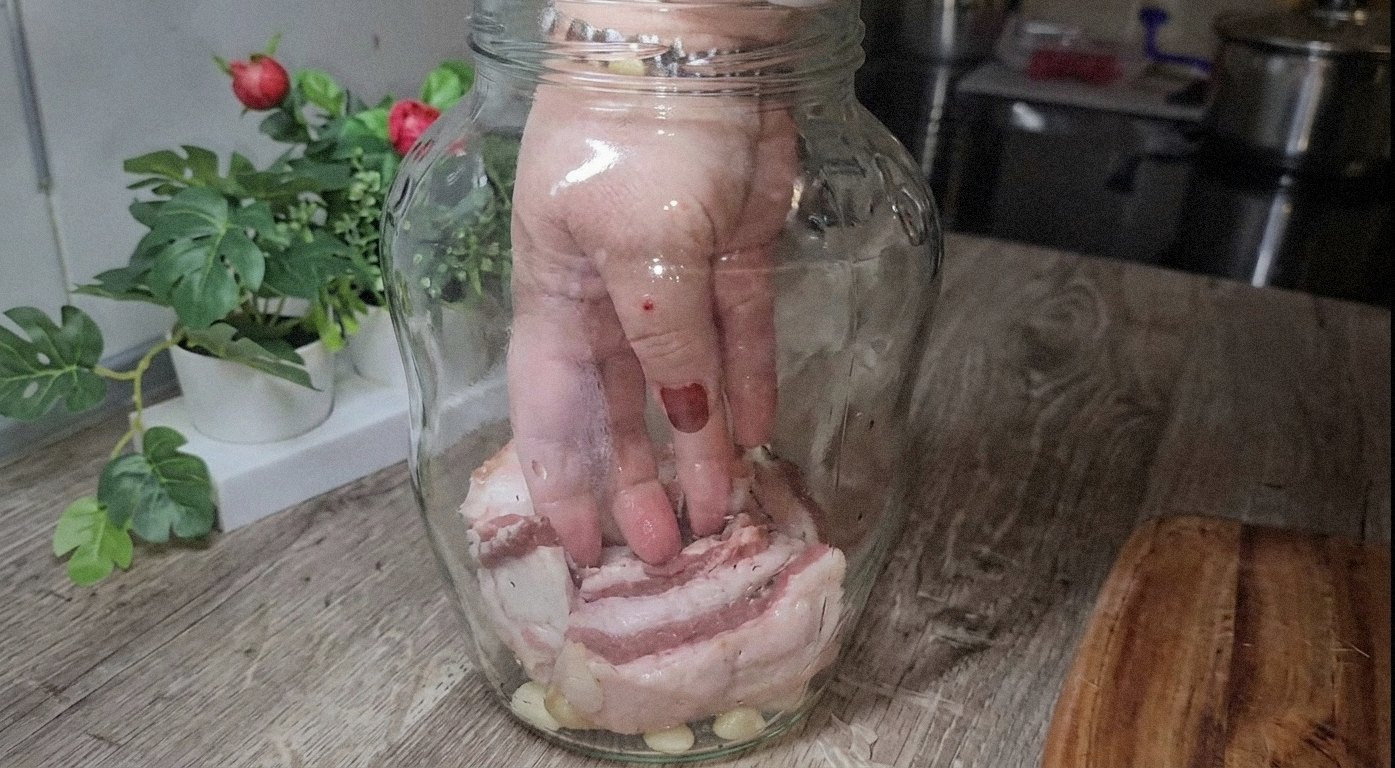 банка з салом, прошарками часнику, на столі