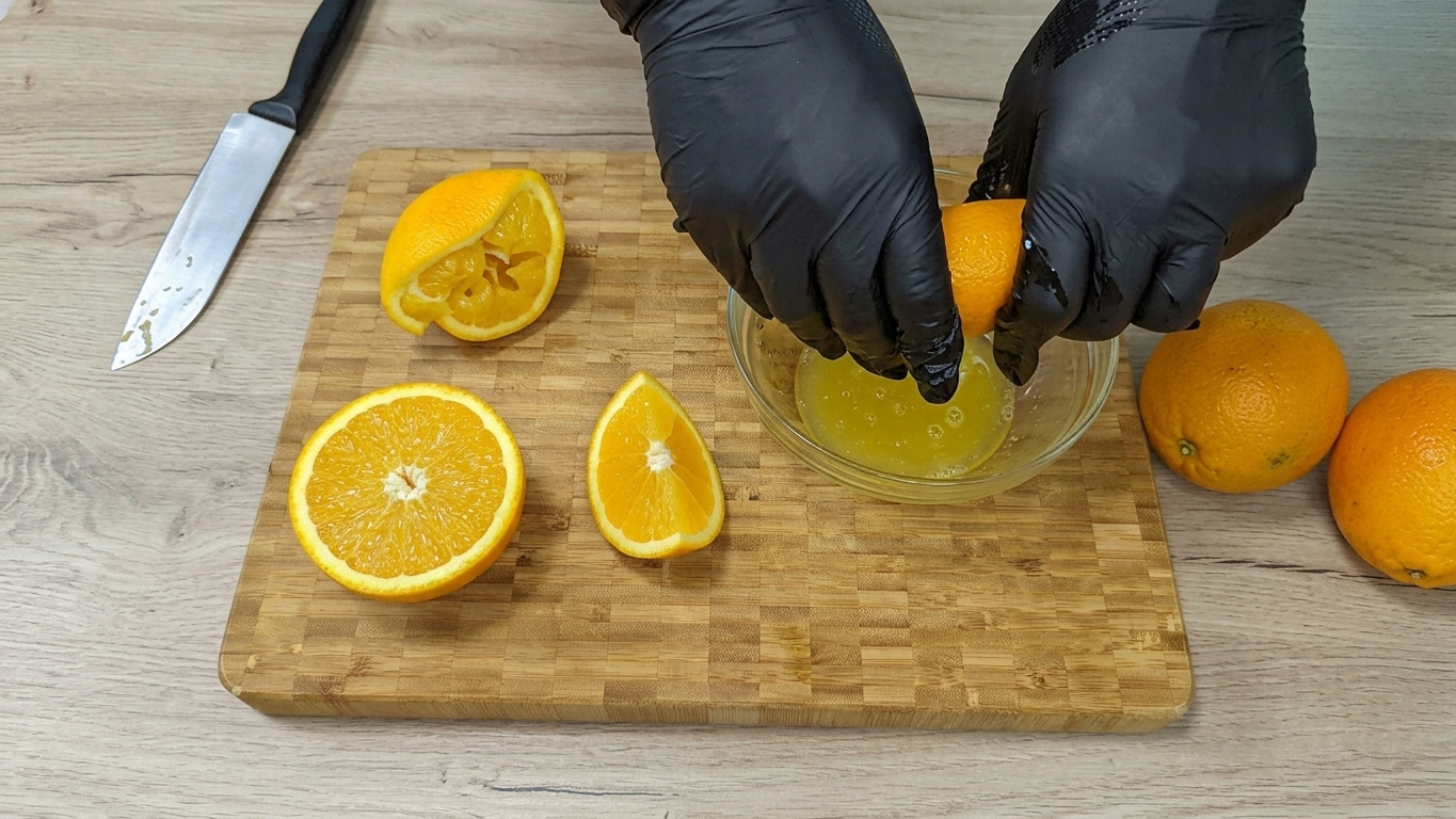 апельсини нарізані скибочками поруч з каструлею, сік кипить на плиті