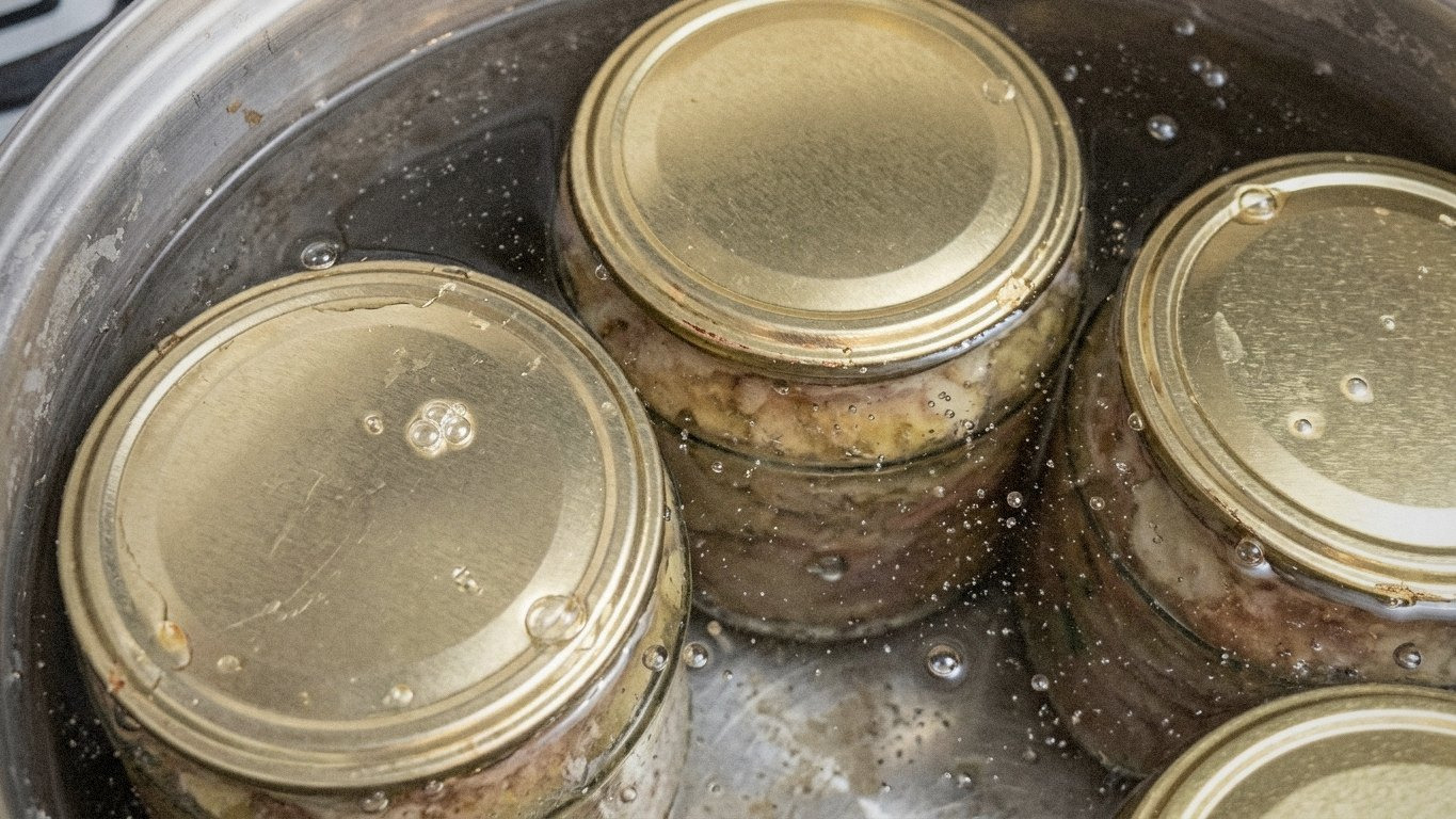 банки з тушонкою у великій каструлі, що варяться