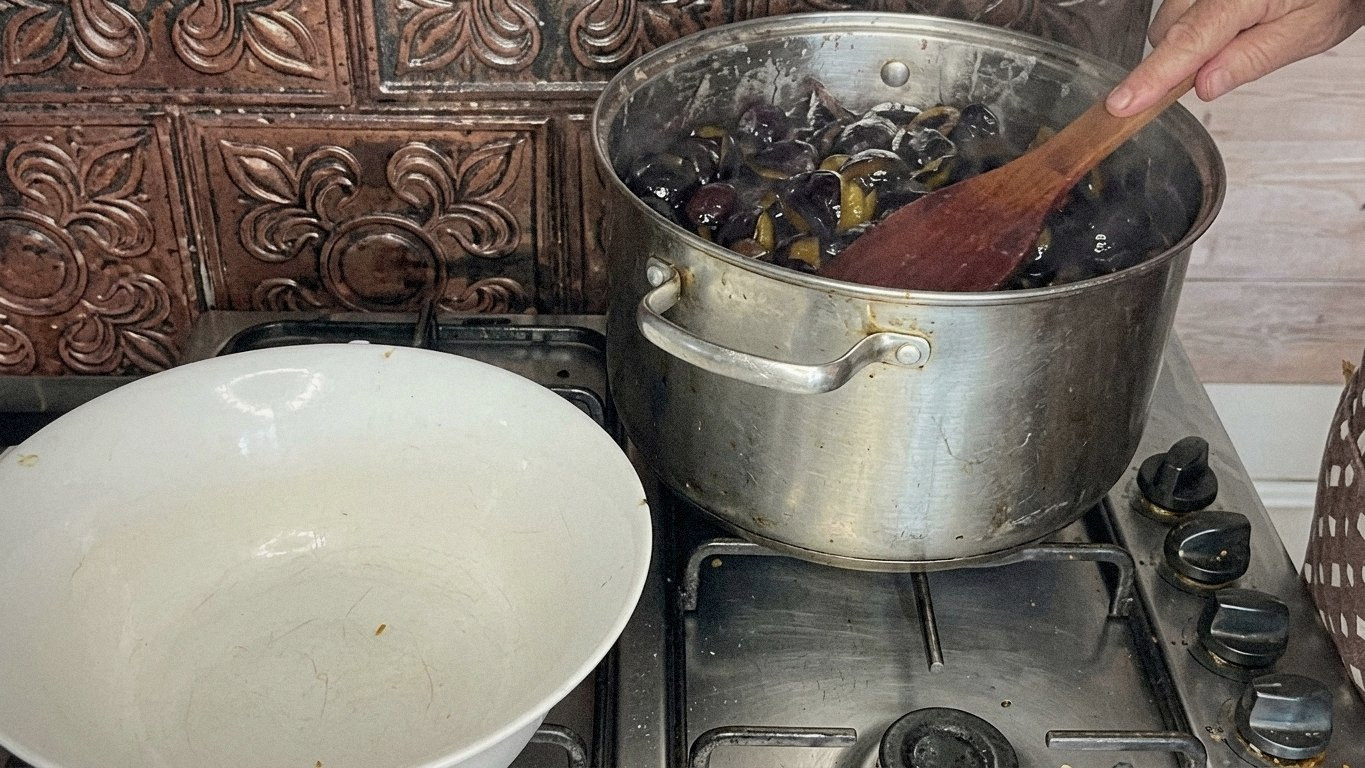 каструля з сумішшю слив, води та цукру на плиті, видно пару від кипіння