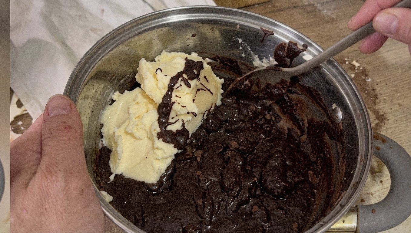 Каструля з розтопленим маслом і згущеним молоком, ложка для перемішування.