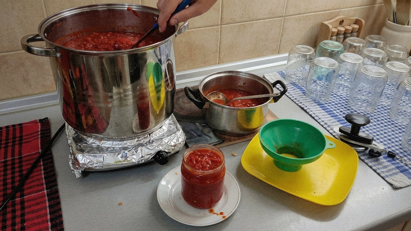 Банки з готовою борщовою заправкою, видно, як їх закривають кришками.