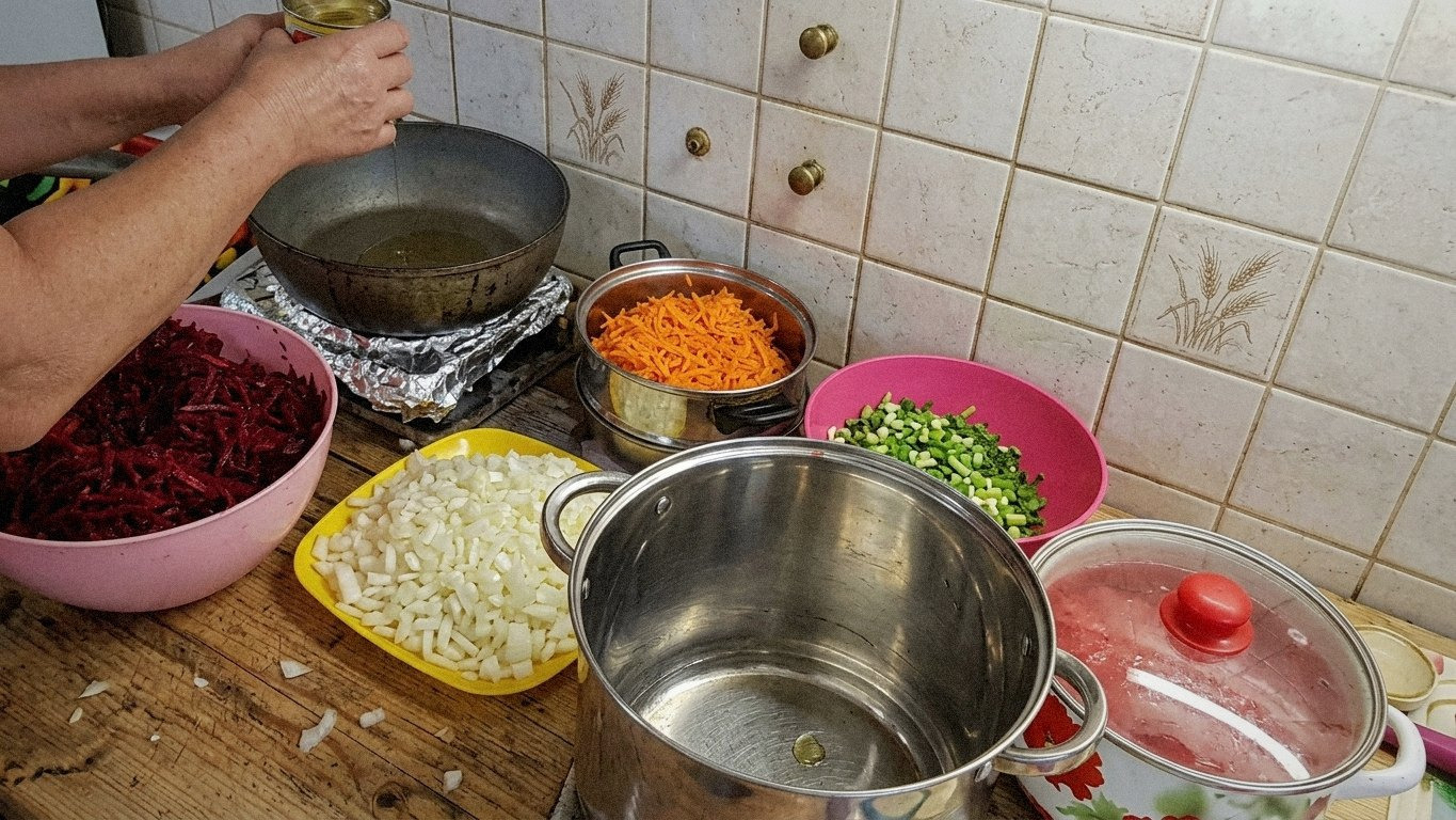 Цибуля смажиться у великій каструлі, видно, як вона стає прозорою.