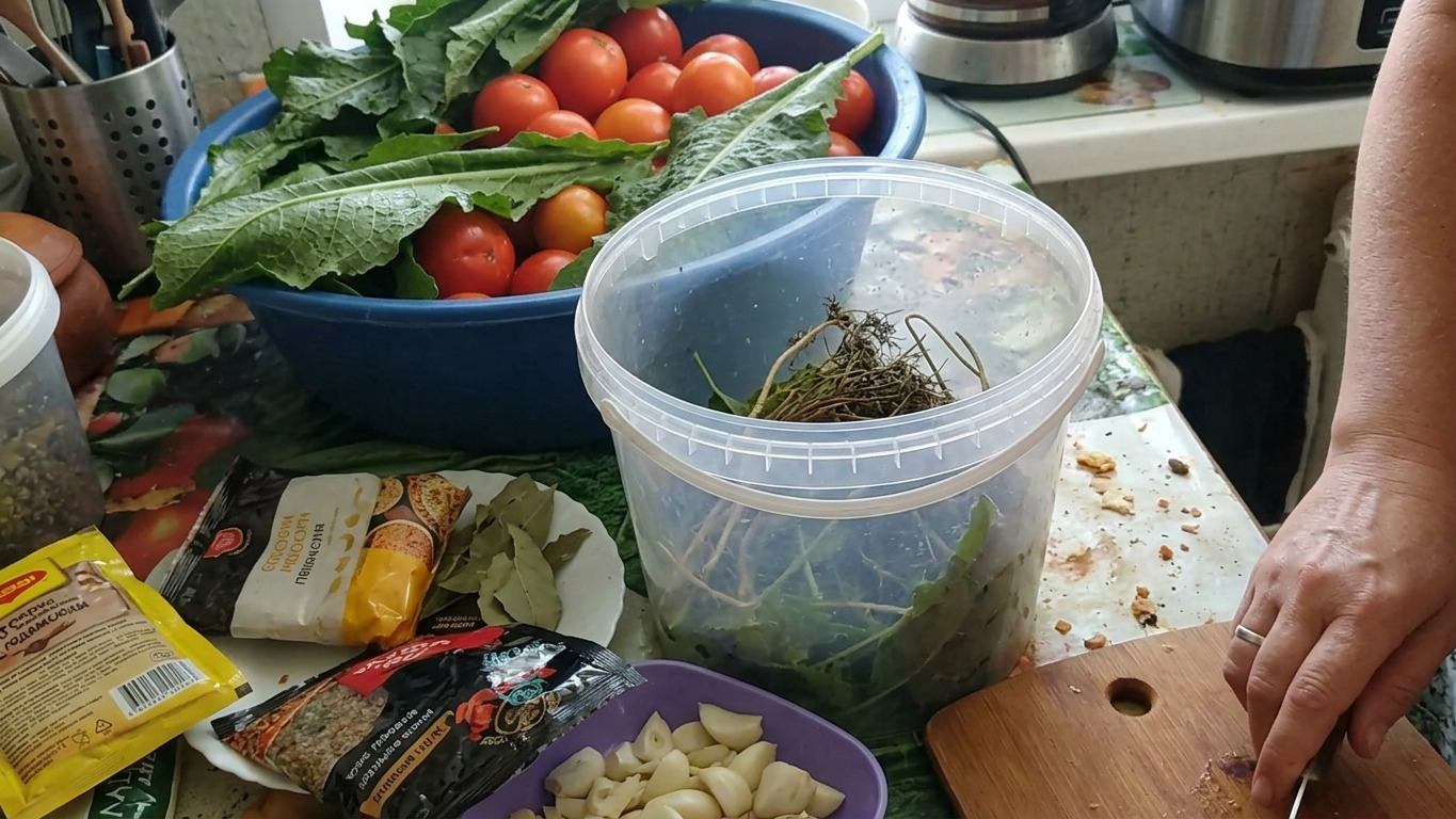 банка, заповнена помідорами, шматочками часнику та спеціями, на столі
