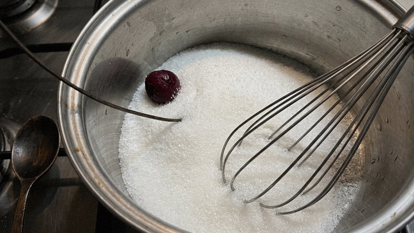 вишня в каструлі з цукром, на плиті, вже закипає