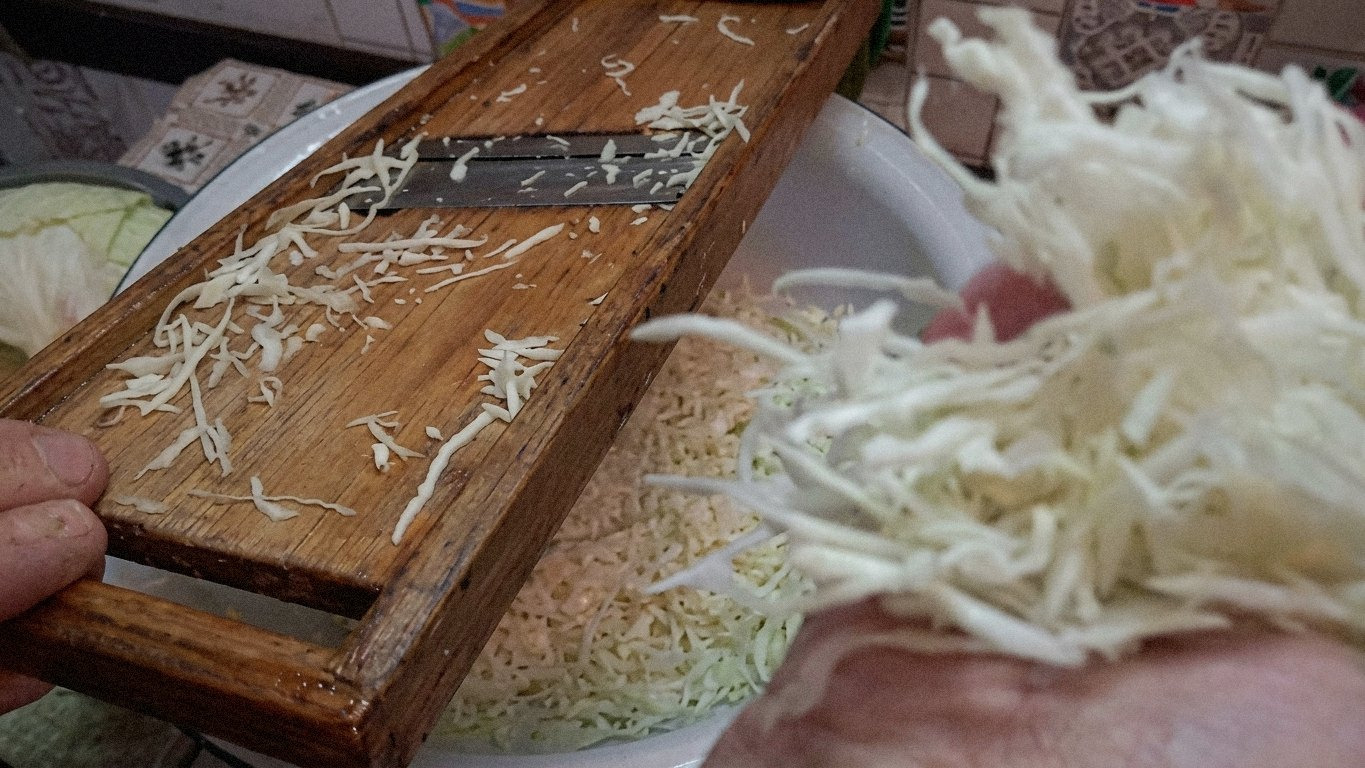 нарізана капуста лежить у великій мисці, посипана сіллю, руки перемішують капусту