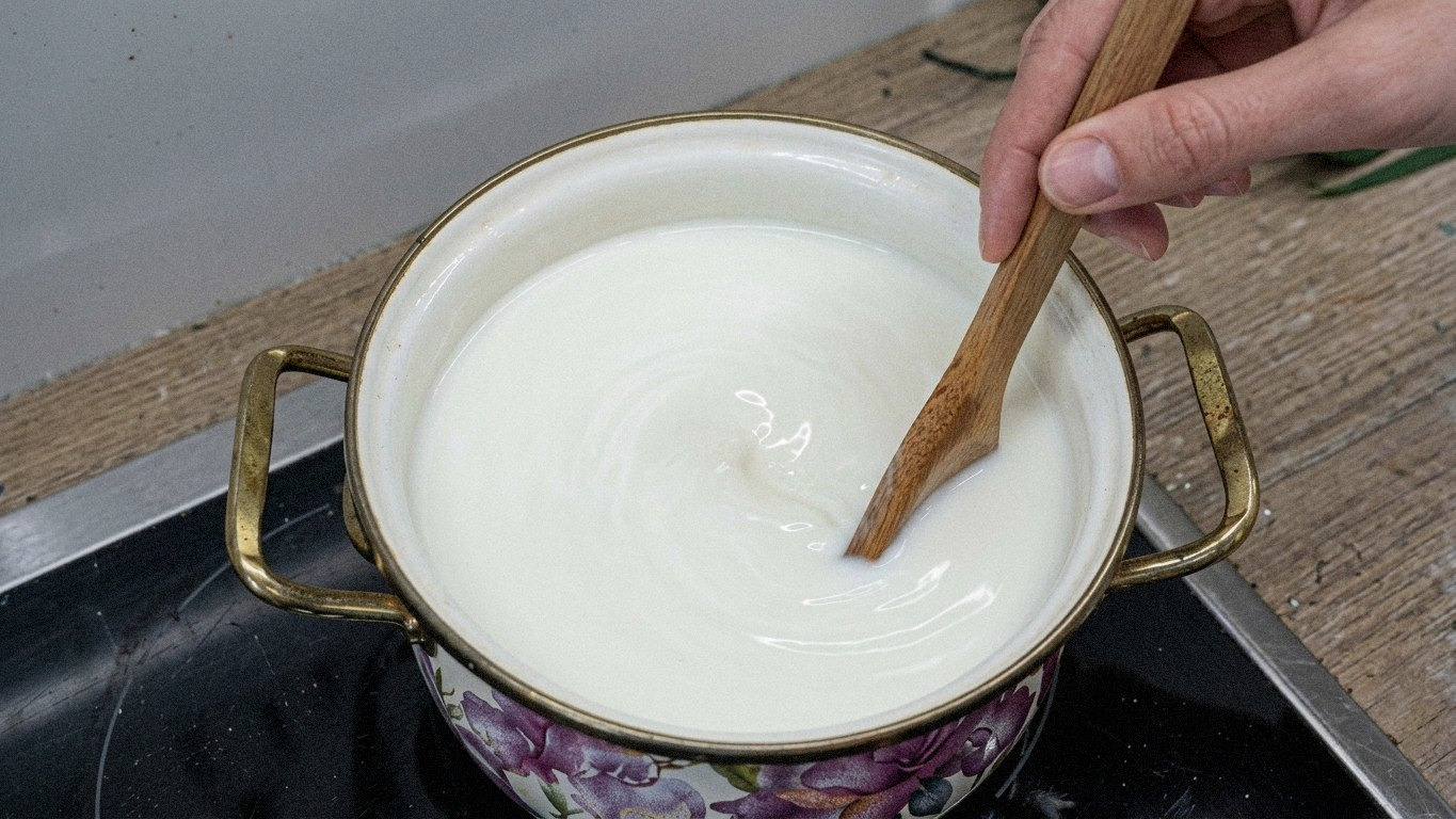 Каструля з молоком, що охолоджується, на столі.