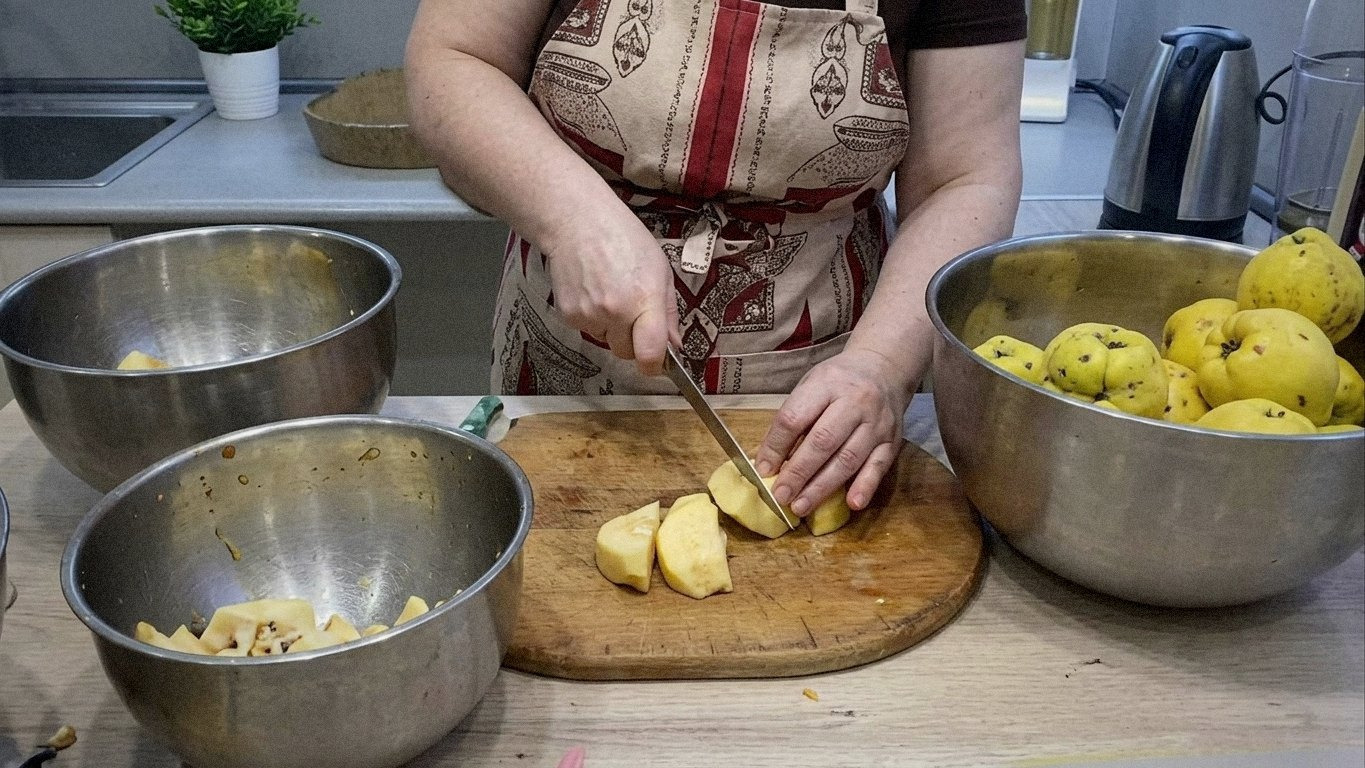 каструля з нарізаною айвою, що вариться у воді на плиті
