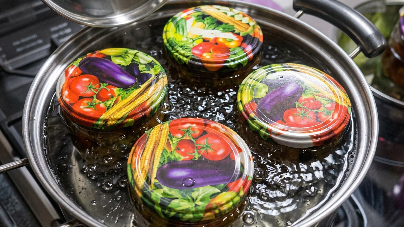 банки на каструлі для стерилізації, кипляча вода